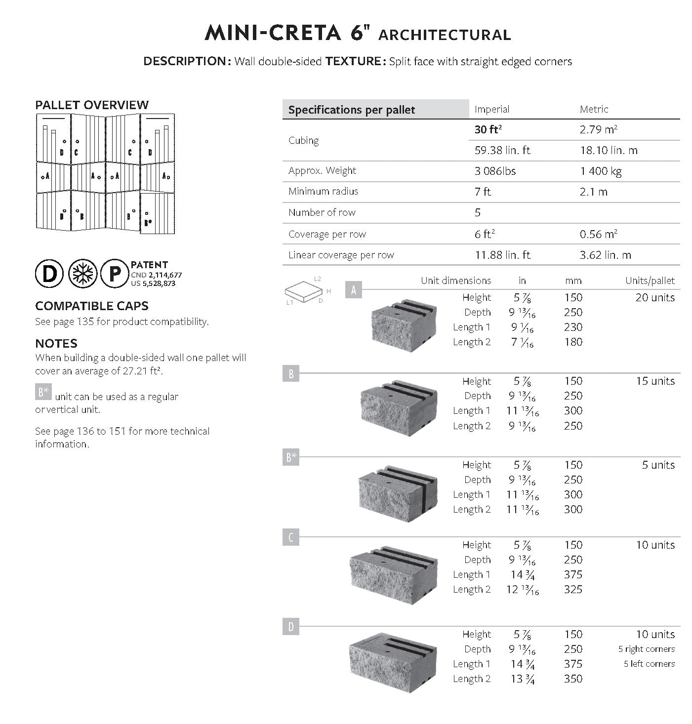 Mini-Creta 6" Mur Architectural (Double Face)