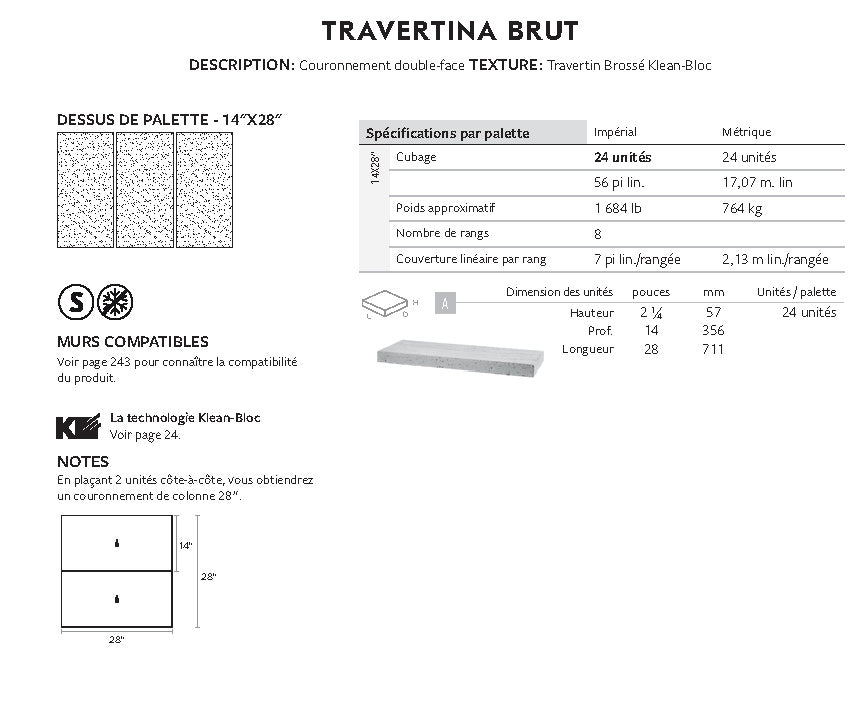 Travertina Brut Couronnement/Marche/Mur (14 x 28)